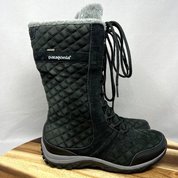 Patagonia Wintertide Waterproof Boots Black Faux Fur Lined Size 7.5 Lace Up - Picture 1 of 8